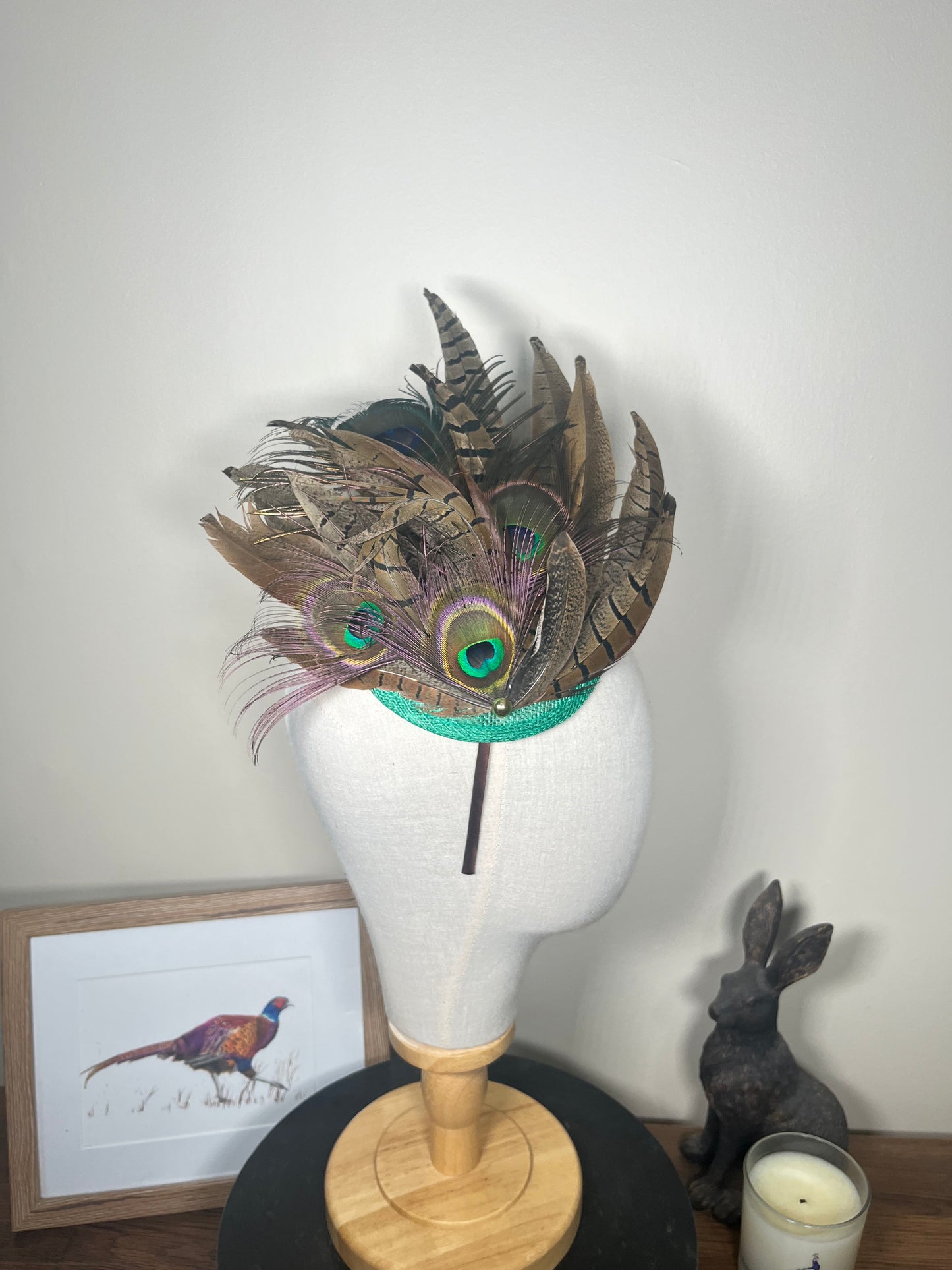Pheasant and Peacock fascinator- Green base