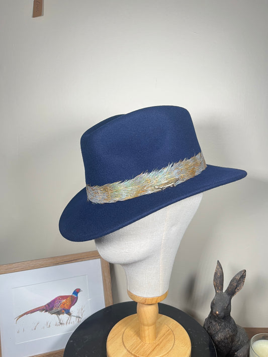 The Isla Fedora (Navy, Blue Pheasant Feathers, Small)