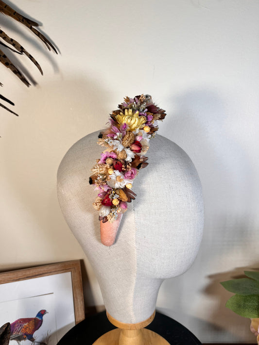 Light pink Alice band with feather and dried flowers