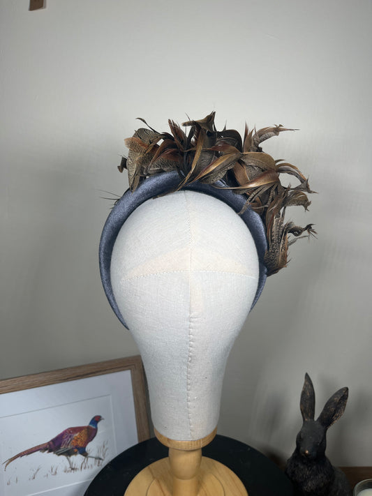 Grey Velvet Alice band with Pheasant curl