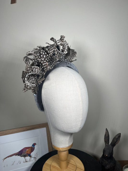 Grey Velvet Alice band with Guinea fowl curl