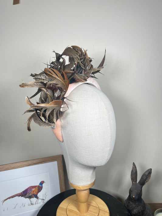 Pink Velvet Alice band with Pheasant curl