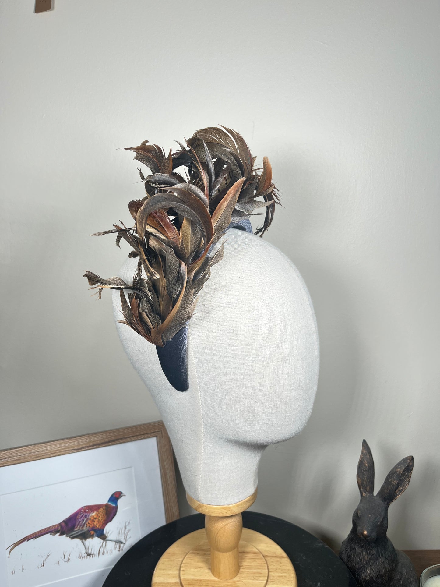 Grey Velvet Alice band with Pheasant curl