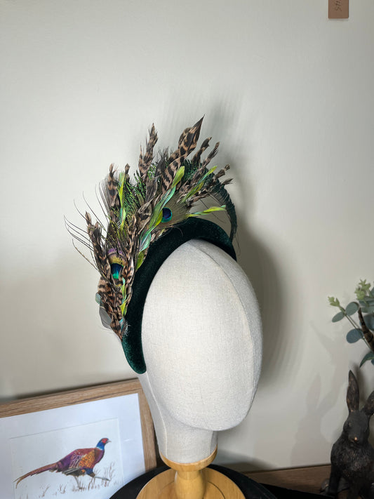 Green Velvet Alice band with peacock
