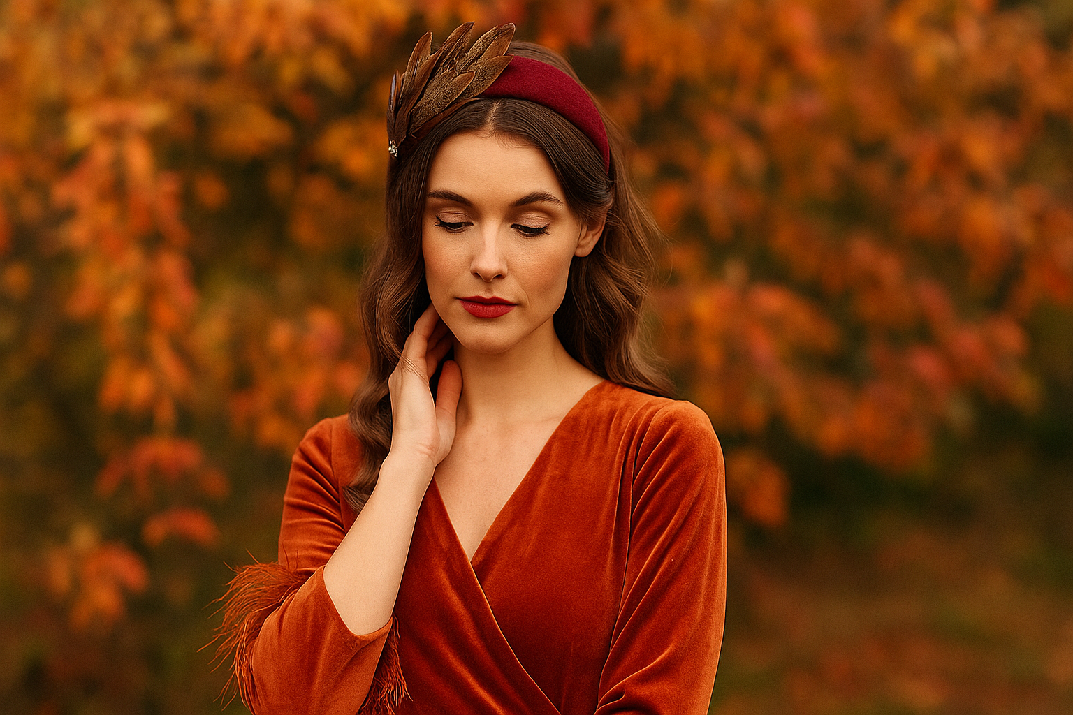 Woman in an orange dress with a headband against an autumnal background