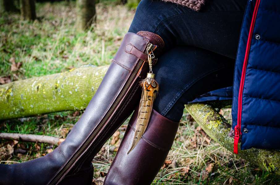 My Fancy Feathers Pheasant Boot Tassels on Lady Wearing Tall Boots