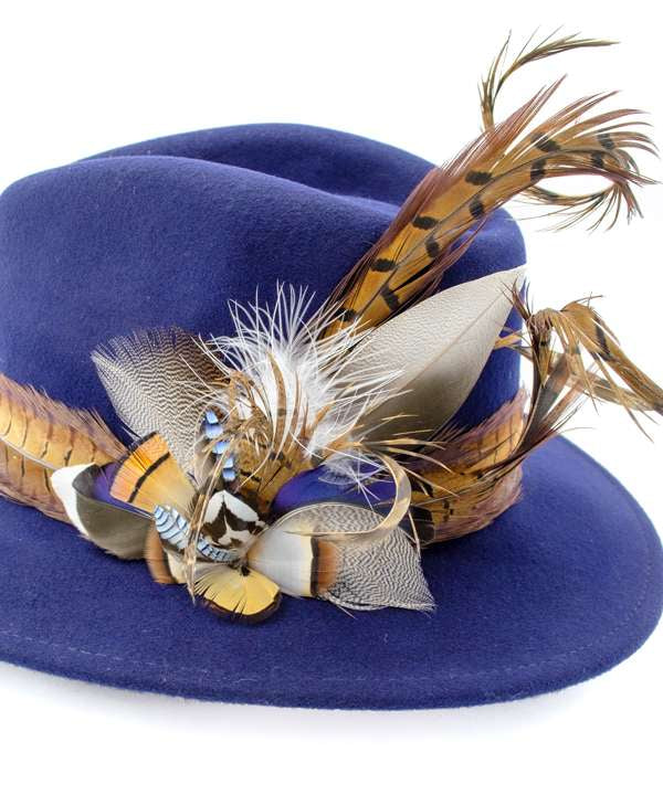 My Fancy Feathers Fedora Hat in Blue, with Pheasant Feather Twirl