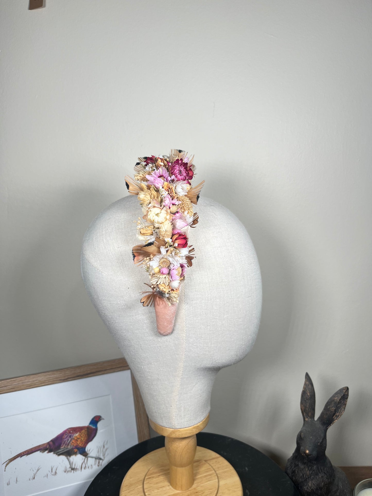 Light pink Alice band with feather and dried flowers