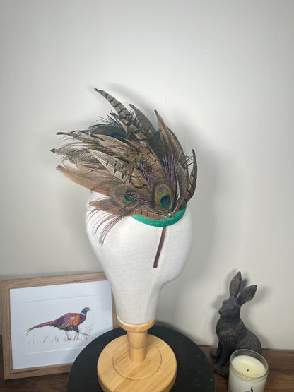 Pheasant and Peacock fascinator- Green base