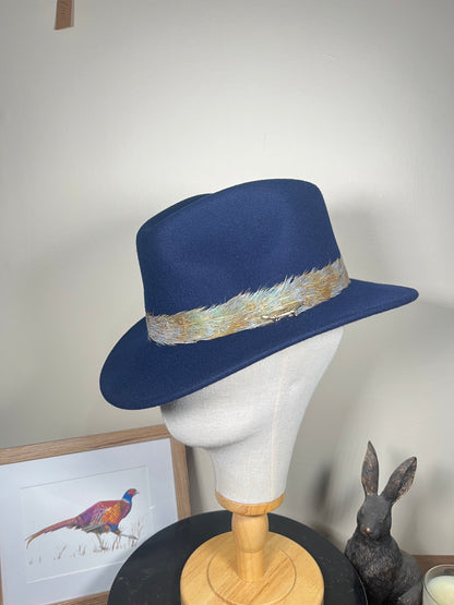 The Isla Fedora (Navy, Blue Pheasant Feathers, Small)