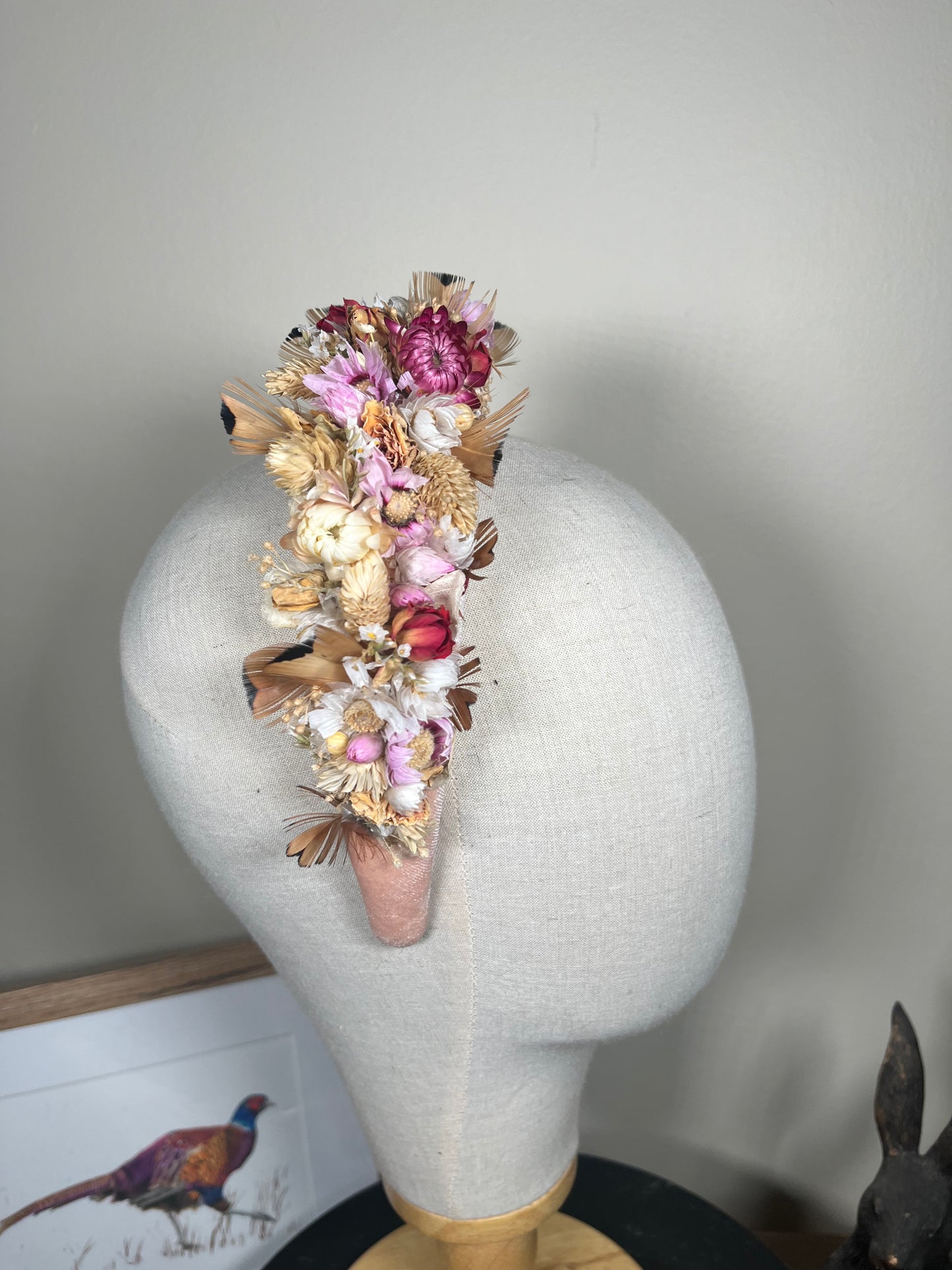 Light pink Alice band with feather and dried flowers