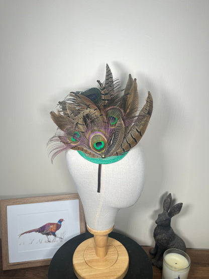 Pheasant and Peacock fascinator- Green base