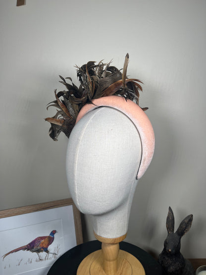 Pink Velvet Alice band with Pheasant curl