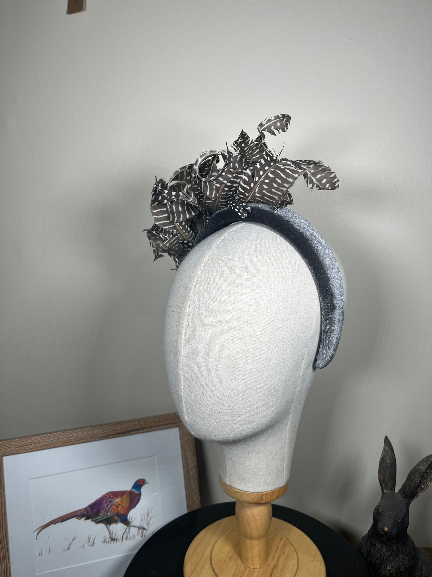 Grey Velvet Alice band with Guinea fowl curl