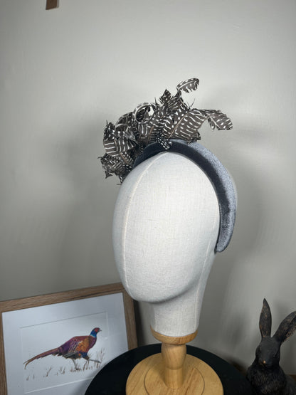 Grey Velvet Alice band with Guinea fowl curl