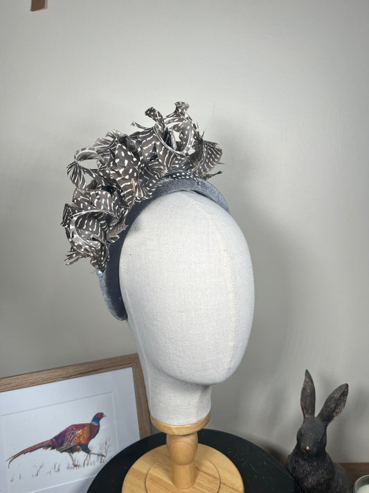 Grey Velvet Alice band with Guinea fowl curl