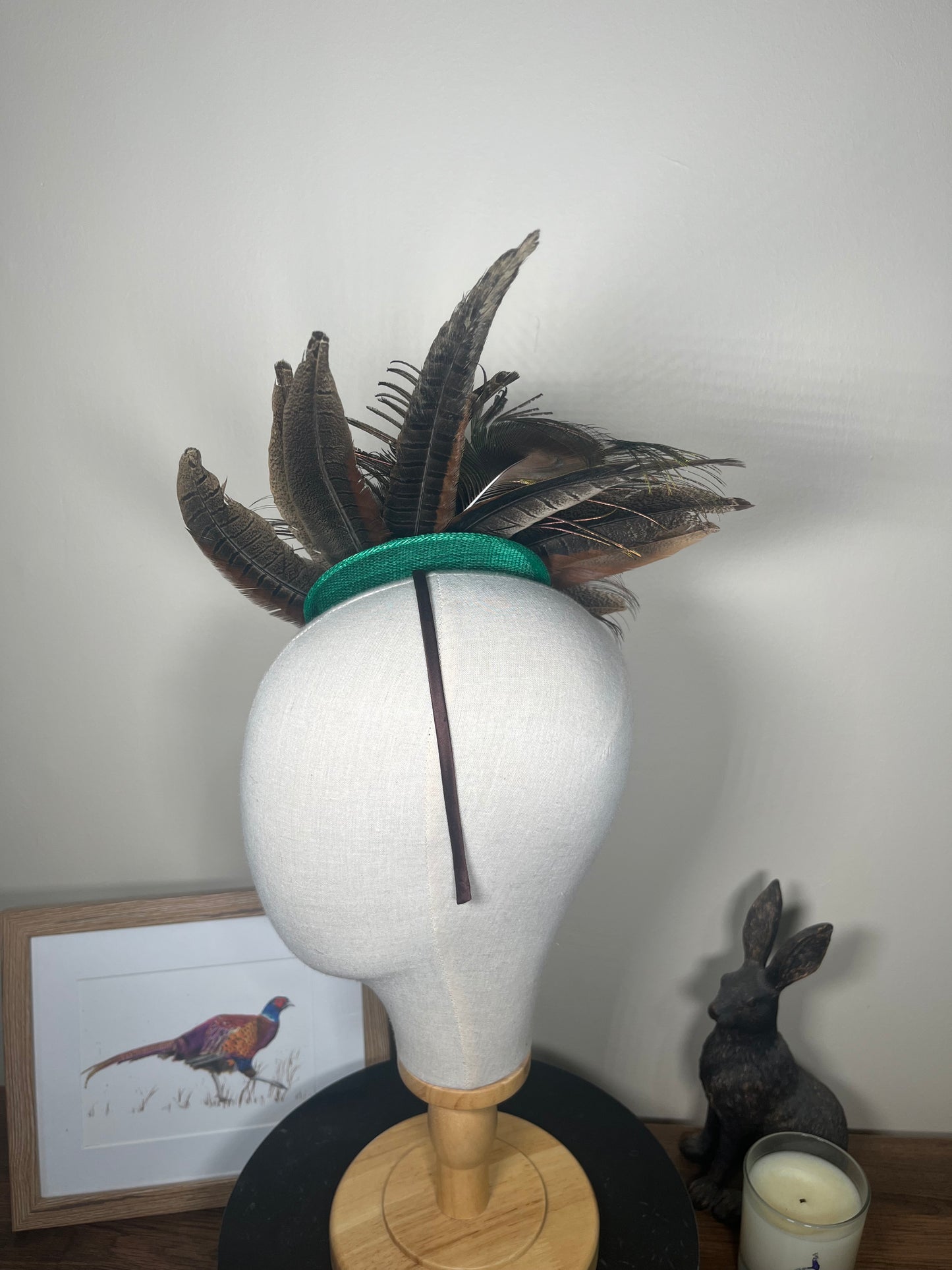 Pheasant and Peacock fascinator- Green base
