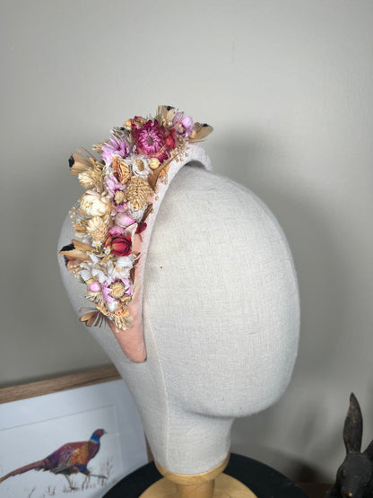 Light pink Alice band with feather and dried flowers
