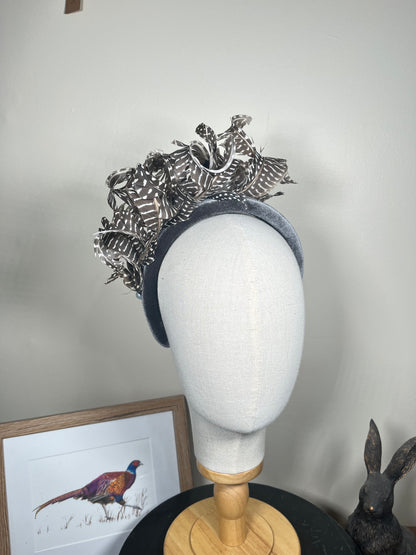 Grey Velvet Alice band with Guinea fowl curl
