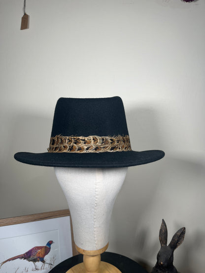 The Isla Fedora (Black, Hen Feathers) (Small)