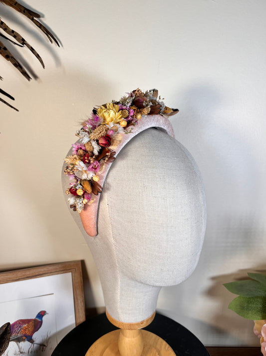 Light pink Alice band with feather and dried flowers