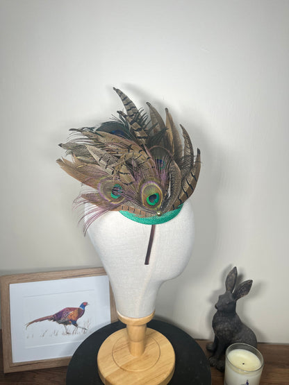 Pheasant and Peacock fascinator- Green base