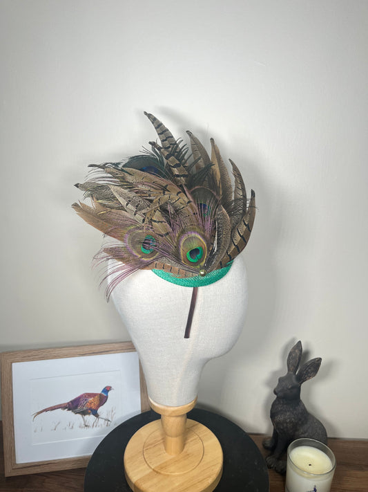 Pheasant and Peacock fascinator- Green base