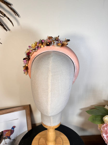 Light pink Alice band with feather and dried flowers