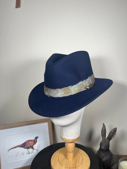 The Isla Fedora (Navy, Blue Pheasant Feathers, Small)