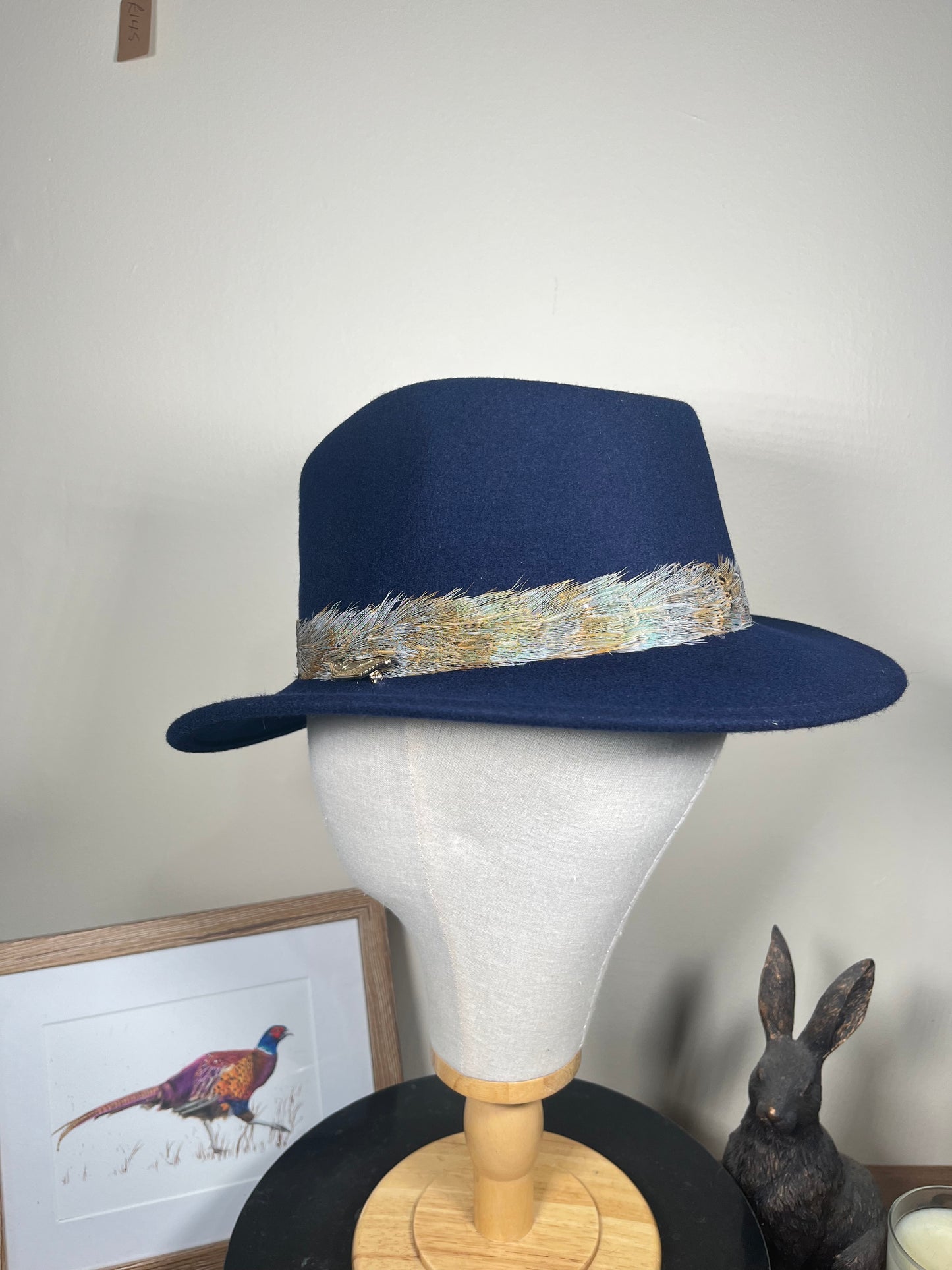 The Isla Fedora (Navy, Blue Pheasant Feathers, Small)