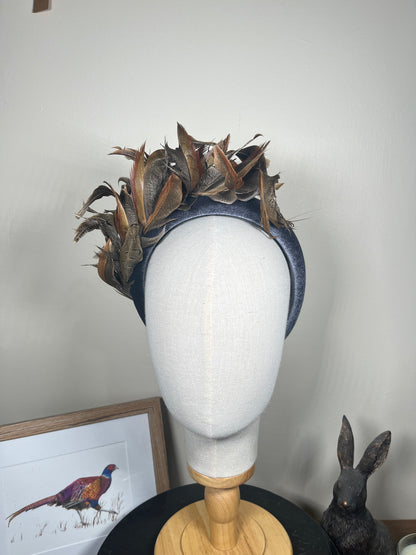 Grey Velvet Alice band with Pheasant curl