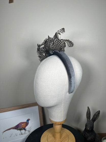 Grey Velvet Alice band with Guinea fowl curl