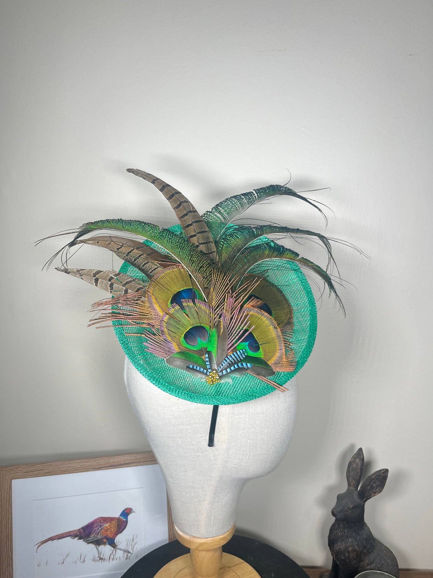 Green Peacock and Pheasant Feather Fascinator