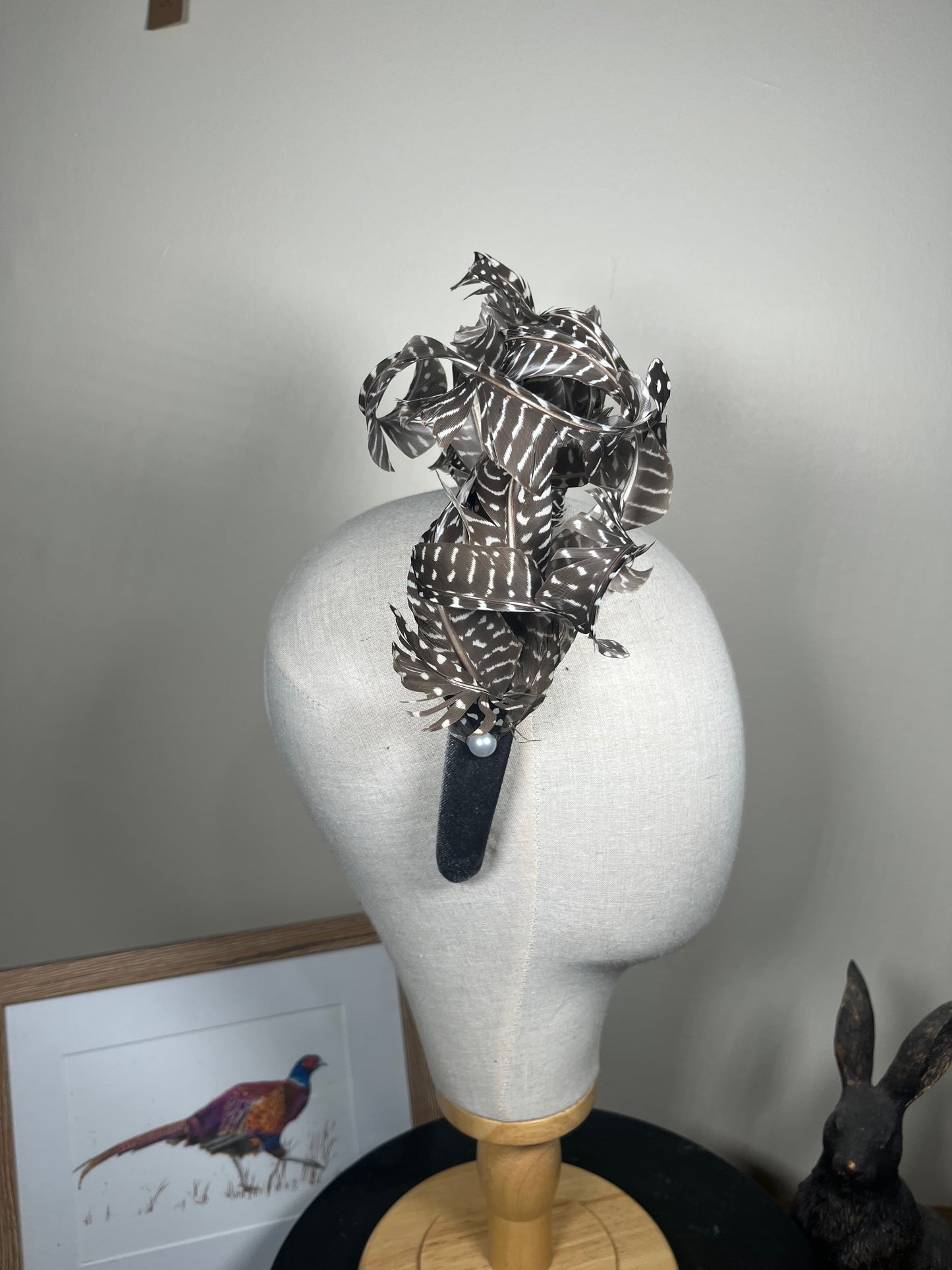 Grey Velvet Alice band with Guinea fowl curl