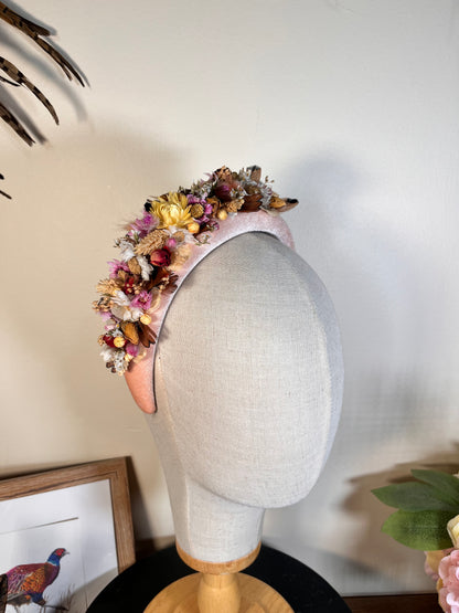 Light pink Alice band with feather and dried flowers