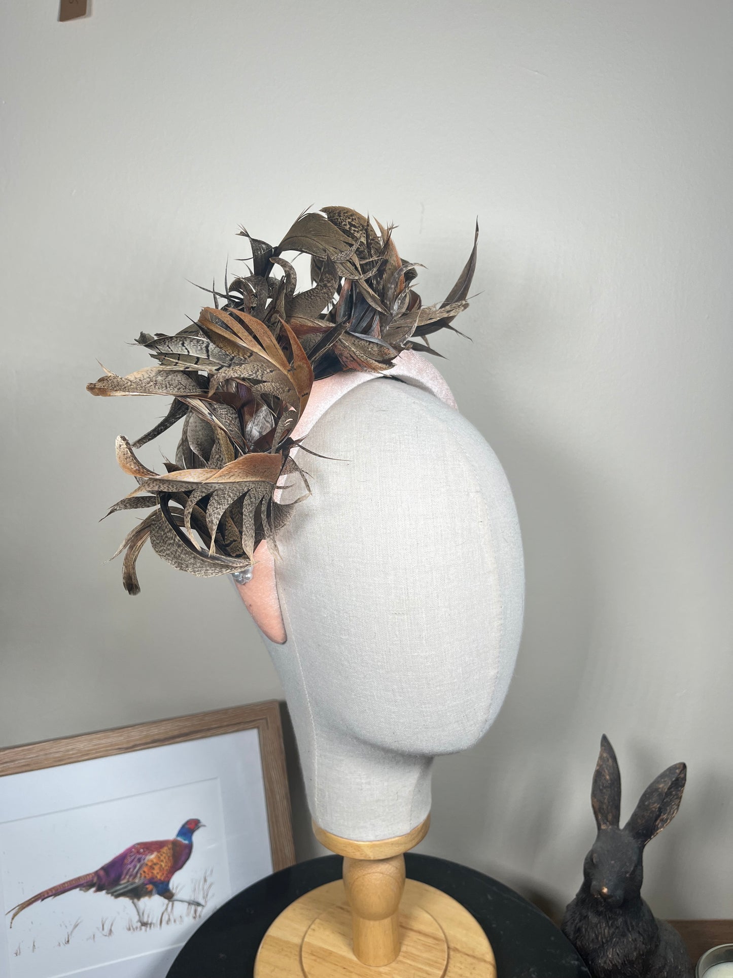 Pink Velvet Alice band with Pheasant curl