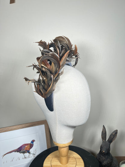 Grey Velvet Alice band with Pheasant curl