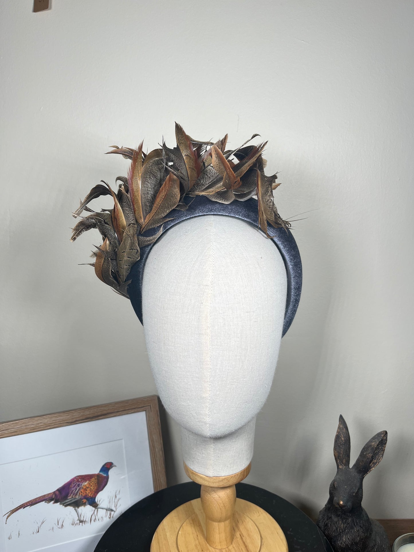 Grey Velvet Alice band with Pheasant curl