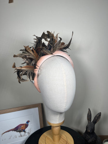 Pink Velvet Alice band with Pheasant curl