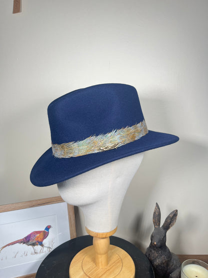 The Isla Fedora (Navy, Blue Pheasant Feathers, Small)