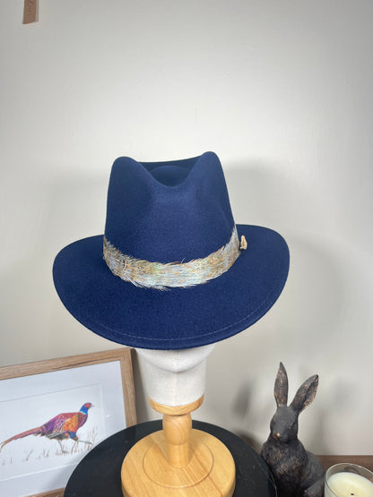 The Isla Fedora (Navy, Blue Pheasant Feathers, Small)