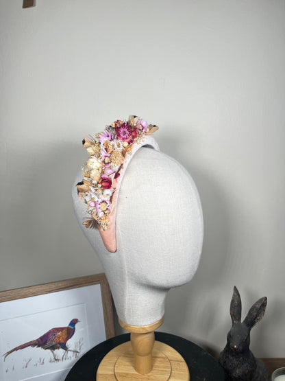 Light pink Alice band with feather and dried flowers