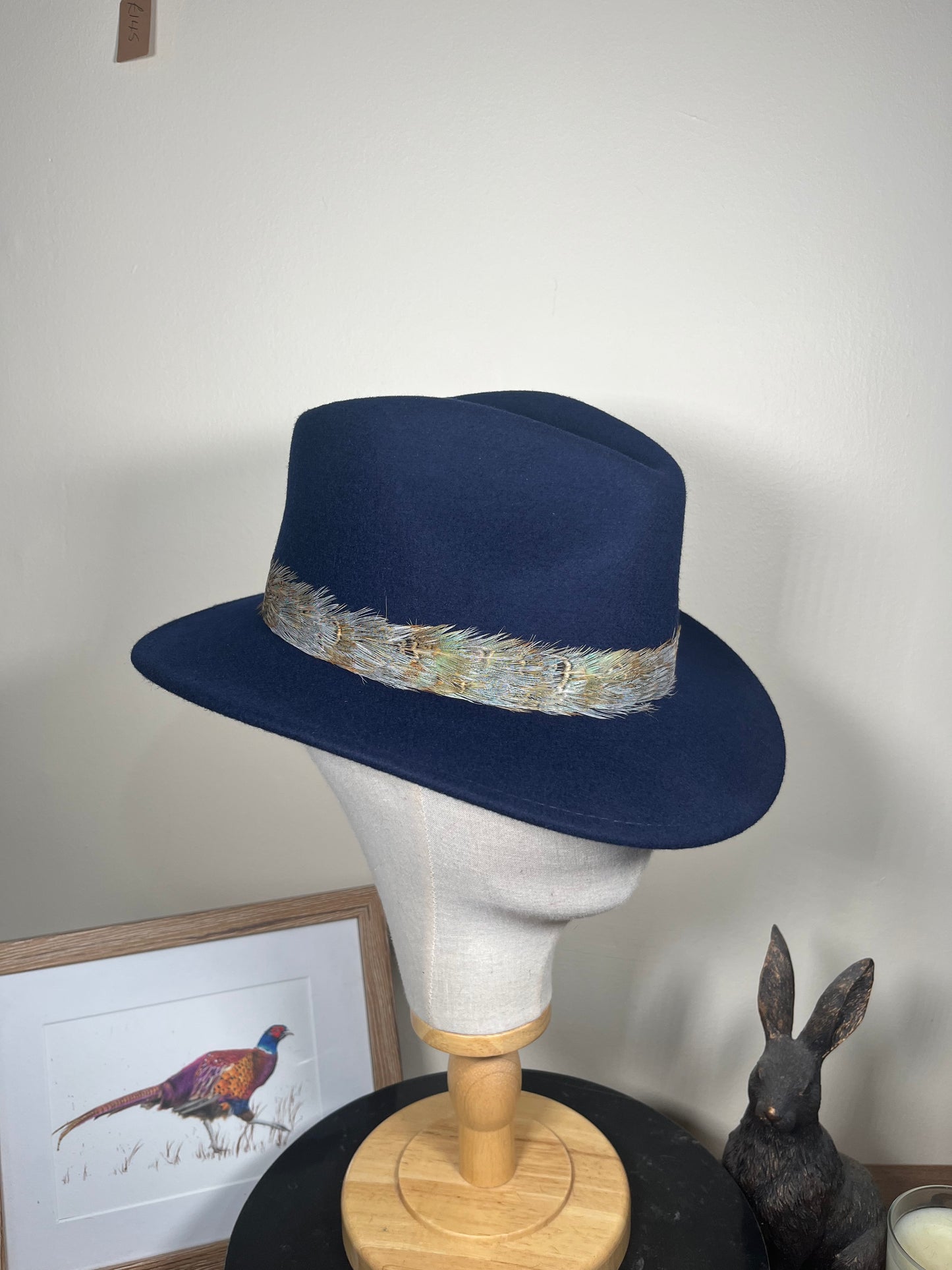 The Isla Fedora (Navy, Blue Pheasant Feathers, Small)