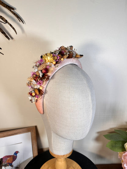 Light pink Alice band with feather and dried flowers