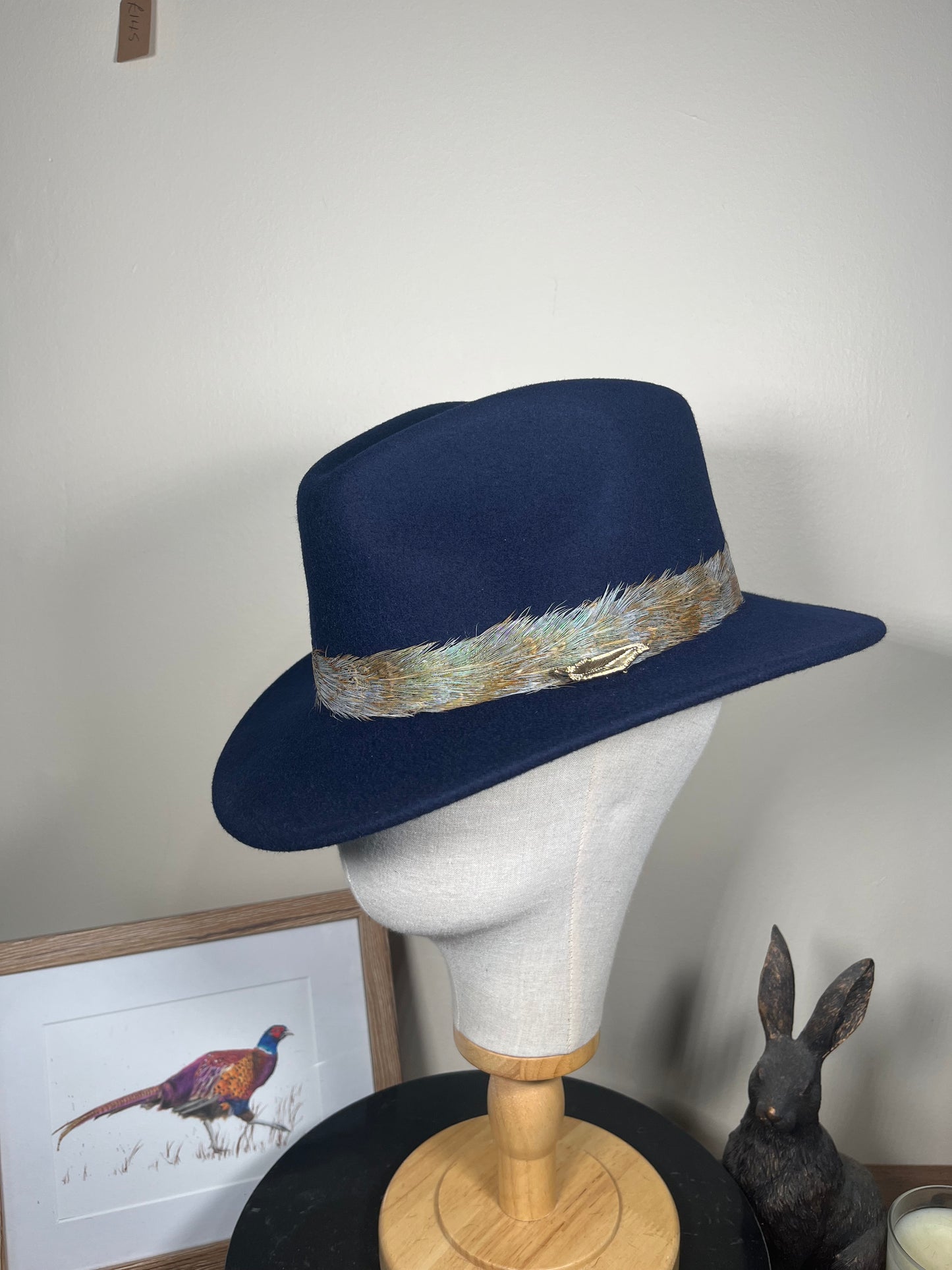 The Isla Fedora (Navy, Blue Pheasant Feathers, Small)