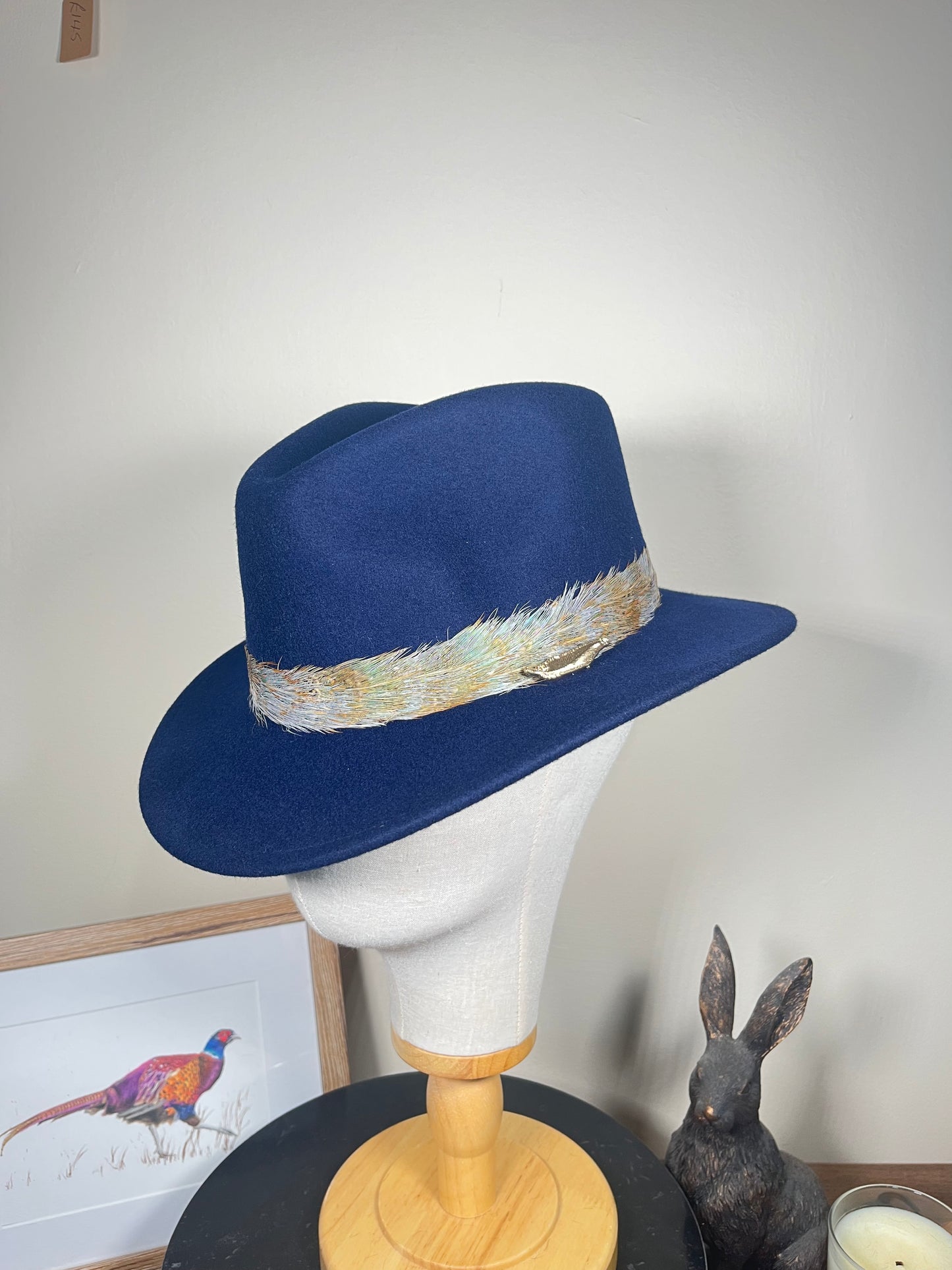 The Isla Fedora (Navy, Blue Pheasant Feathers, Small)
