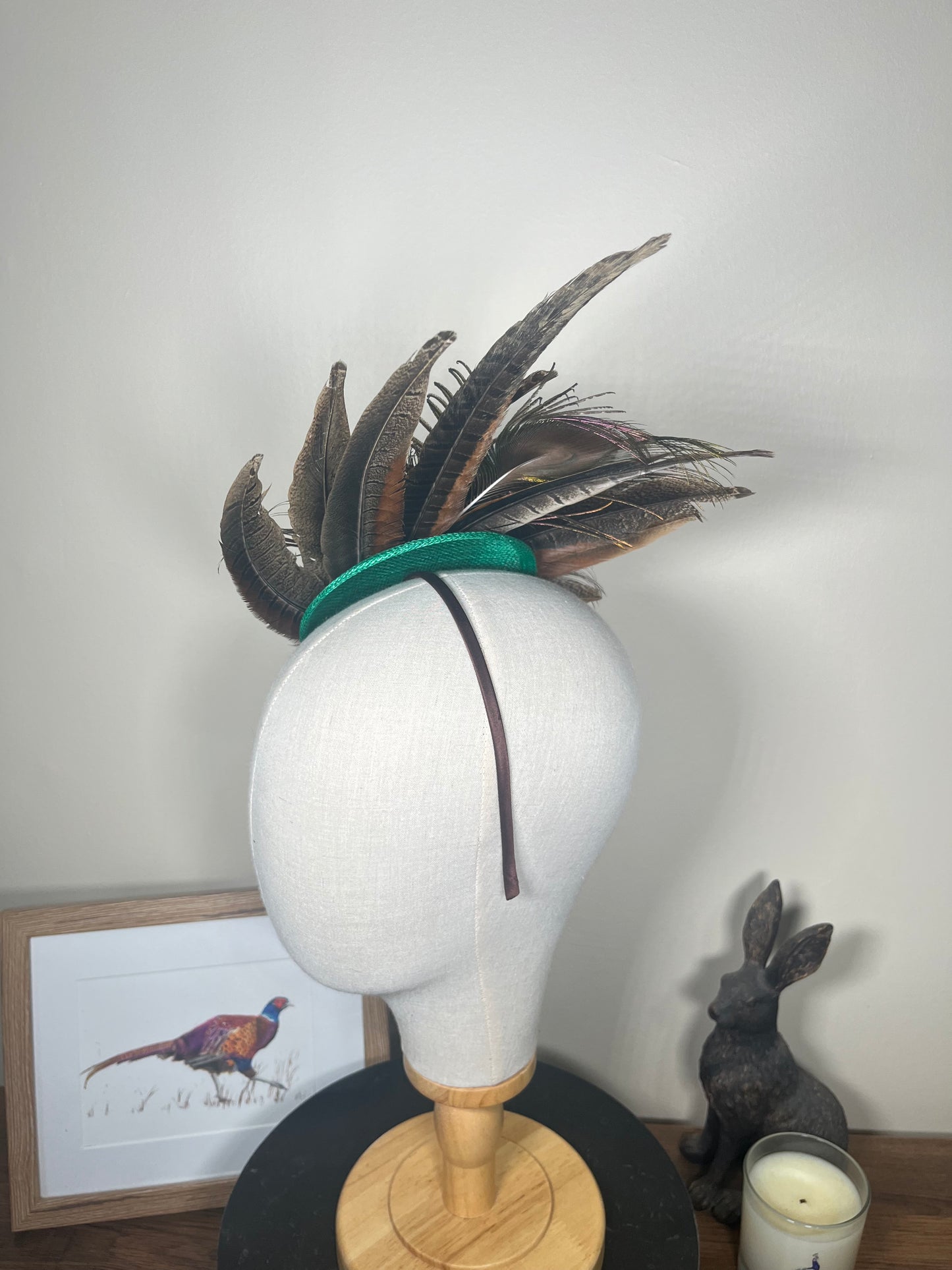 Pheasant and Peacock fascinator- Green base