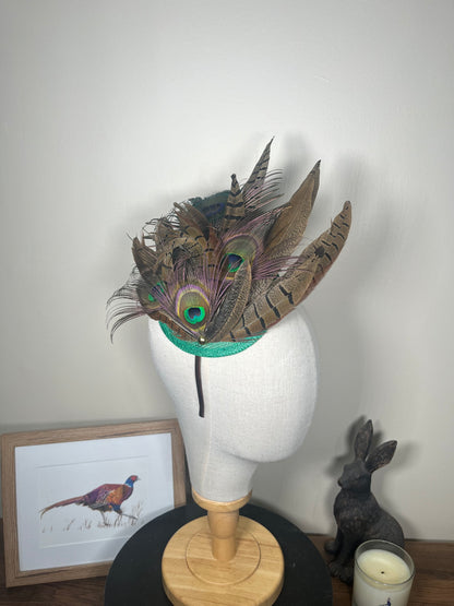 Pheasant and Peacock fascinator- Green base