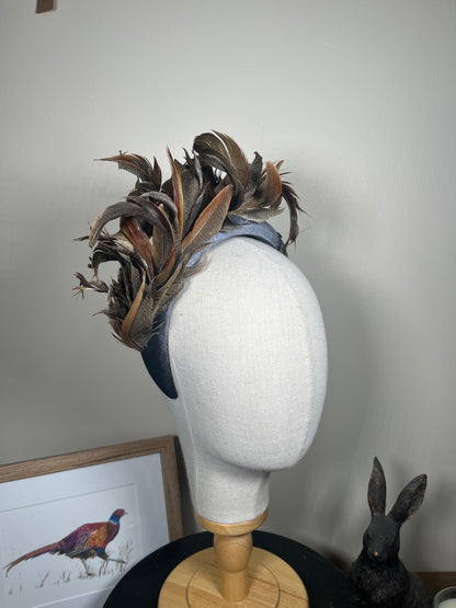 Grey Velvet Alice band with Pheasant curl