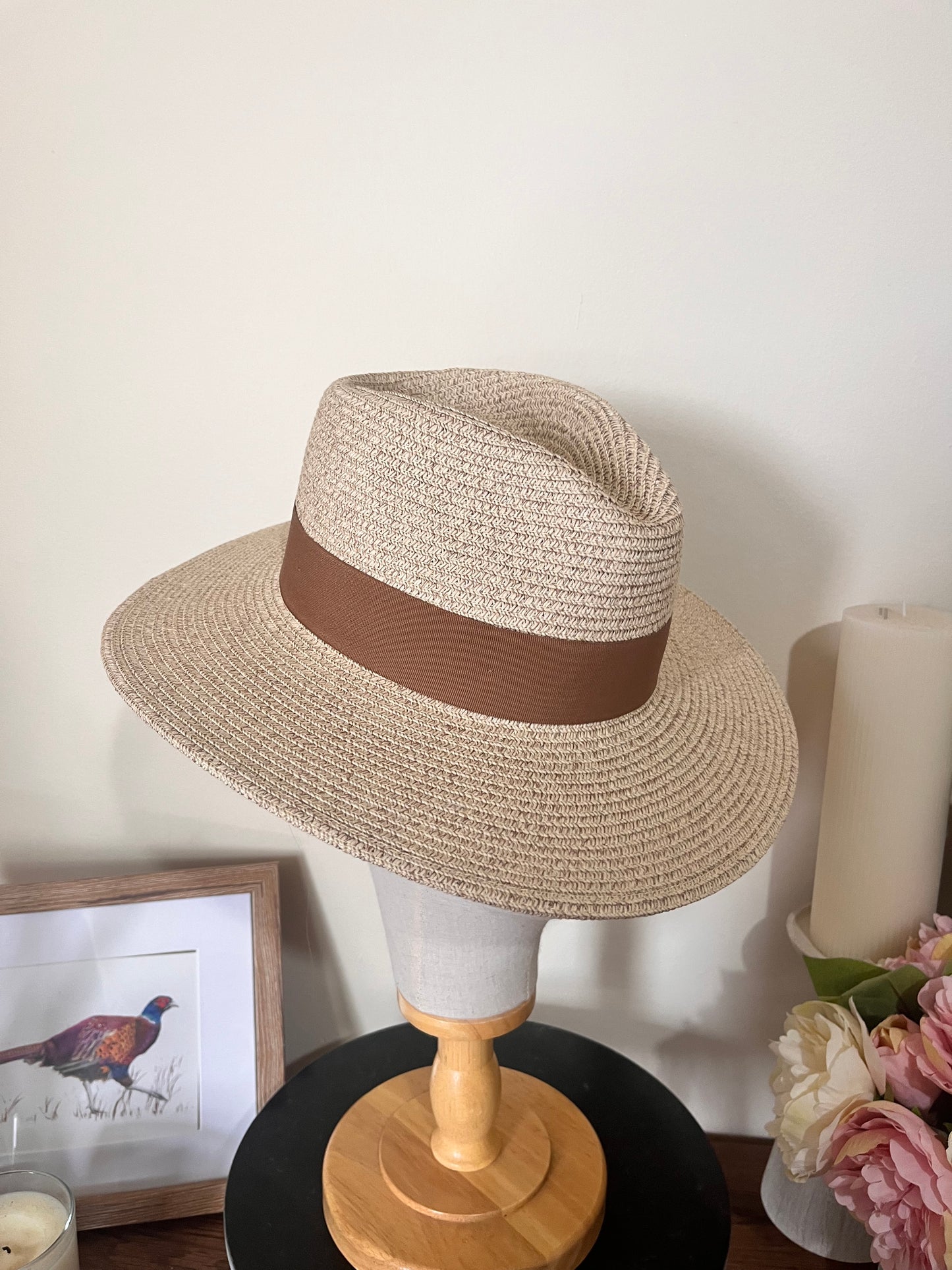 Summer fedora hat- stone. Wide brim, low crown